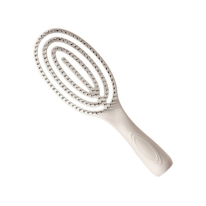 Perie de par, Pentru indreptat si ondulat, Dinti de pieptene moi, Masaj pentru scalp, Vine cu carlig de par, Alb crem, Design pufos, curbat, cu manere confortabile