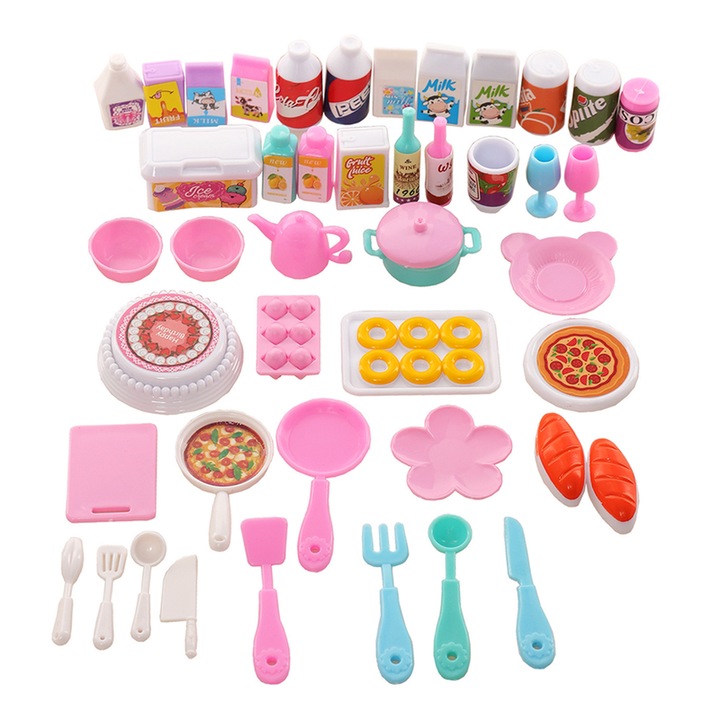 Set 43 accesorii pentru papusi, bucatarie, Plastic, 4ani+, Multicolor