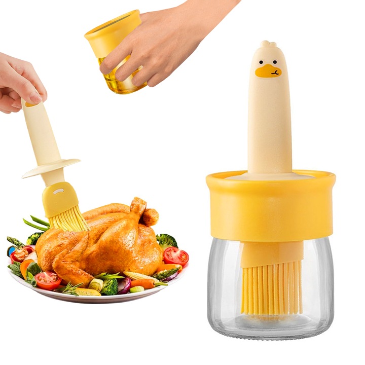 Sticla pentru ulei cu pensula din silicon, Pentru Uleiuri/Sosuri/Otet, Recipient Transparent, 180 ml, 17x7 cm, Portocaliu