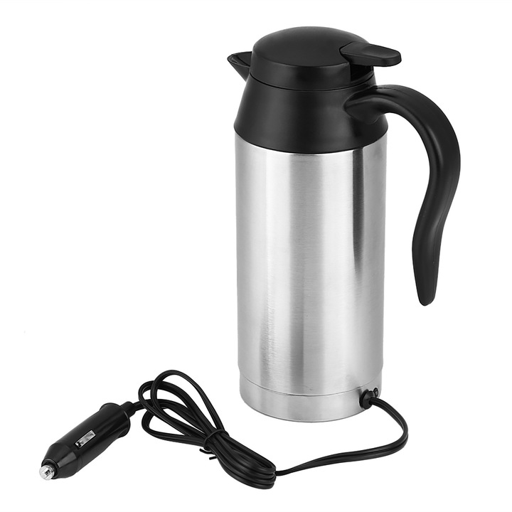 Fierbator electric auto portabil, cana electrica de calatorie 12V, din otel inoxidabil 304 dublu strat, oprire automata la 100°C, argintiu/negru, 750ml
