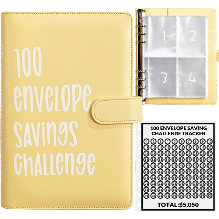 Комплект бюджетен планер A5, Hggzeg, Комплект от 100 плика за спестяване на пари, с 25 джоба и ламиниран тракер, 100 раздела, водоустойчив и устойчив на разкъсване, лесен за носене, PU кожа, 18 * 24 * 4 см, жълт