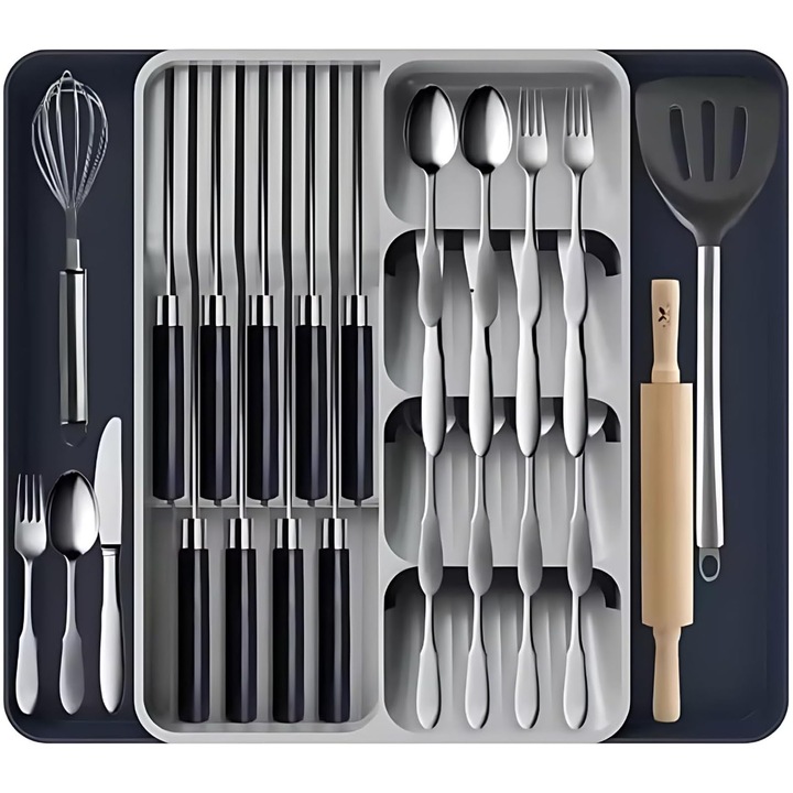 Organizator pentru tacamuri, SINBINTA, Organizator extensibil pentru sertar tacamuri, Fara BPA, 16 compartimente, Sertar extensibil 28-51cm, Usor de curatat, Pentru sertar si blat, PP, 39*28*5.5cm, Gri/Albastru