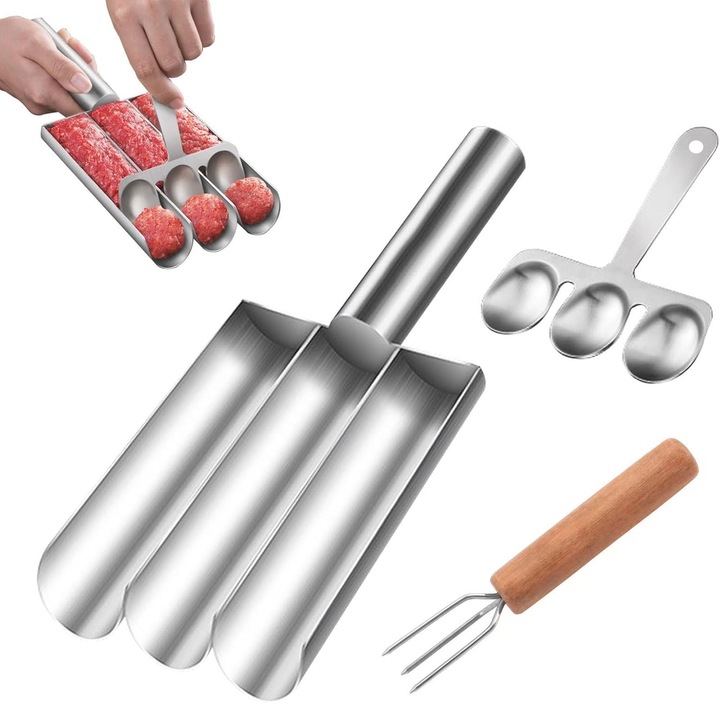 Set pentru chiftele, SINBINTA, Unealta manuala 3-in-1 pentru chiftelute, Cu lingura si furculita de chiftel, Non-aderent, Curatare usoara, Rezistenta la coroziune, Pentru faceti bile de peste, bile de pui, bile de creveti, Inox, 9.3*22.5cm, Argintiu