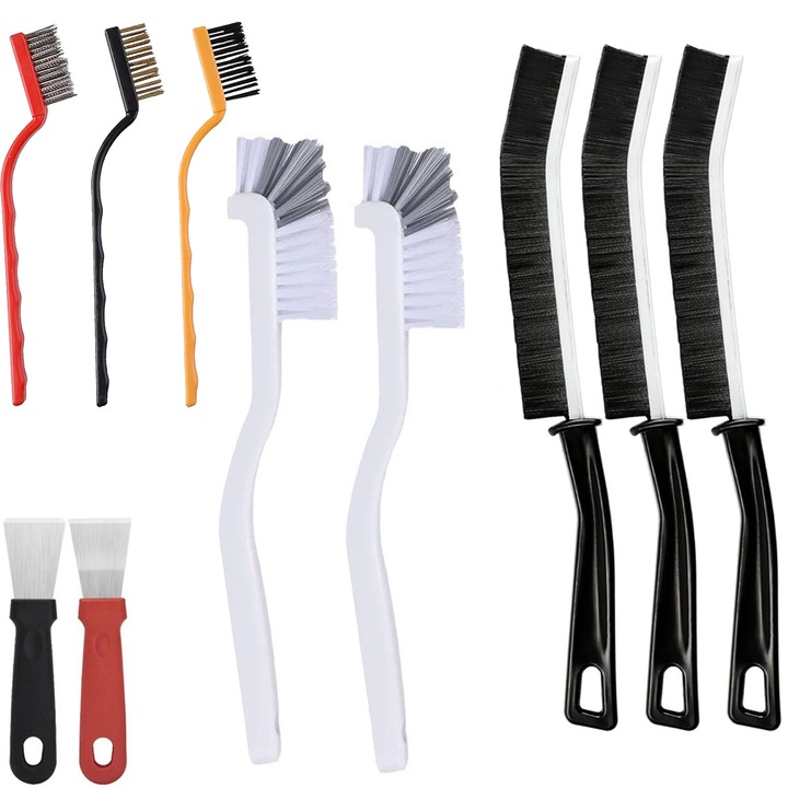 Set 10 perie pentru curatarea, SINBINTA, Perie de curatare cu peri duri, Ergonomice, Usor de curatat, Nu este usor sa pierzi parul, Suspendabil, Pentru bucatarie, baie, chiuveta, ceainic, blender, Metal/Nylon/Plastic, Multicolor