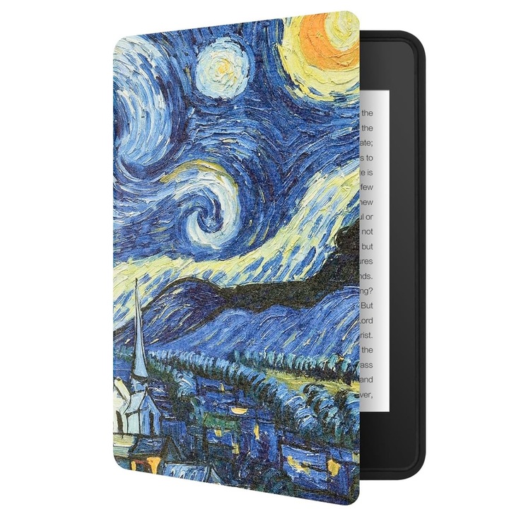 Husa pentru Kindle 2024 12th generation, SINBINTA, Starry night, Cu trezire automata/ adormire, Inchidere magnetica puternica, Rezistent la socurisi la cadere, Suport Integrat, Curea de Mana, Buzunar pentru Carduri, PC, 180*131*13mm, Multicolor/Albastru