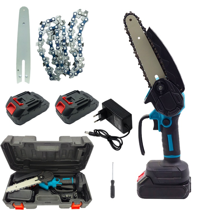 6-инчов електрически преносим мини верижен трион 2 1300mAh батерии 500W черен