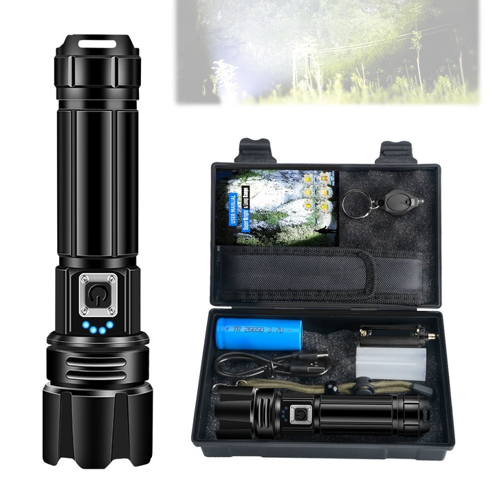 Фенерче с висока яркост, литиева батерия, USB зареждане, 5 режима на светене, черно