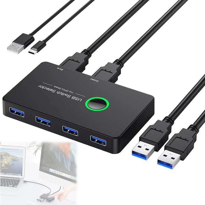 USB KVM хъб 2x4, USB 3.0 превключвател, черен
