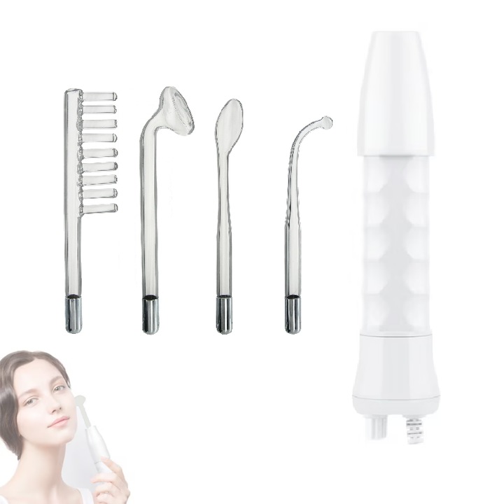 Electroderm cosmetic portabil，cu 4 electrozi, Tratament cu Frecventa Inalta pentru Acnee, Riduri, Controlul Petelor, Ten, Par Seboreic, Stimulator Scalp, Infrumusetare, Biostimulare Faciala, Lifting, Alb