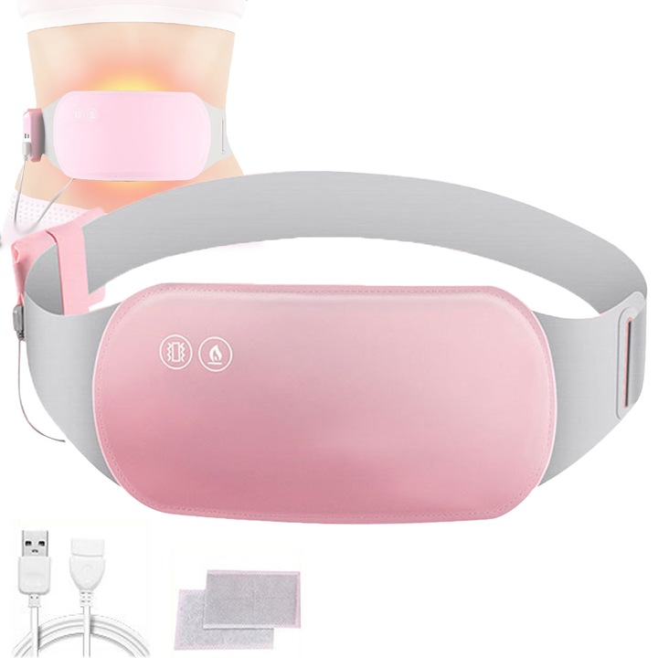 Устройство за коремен колан за отопление и масаж, против менструални болки, цикъл, 3-скоростна нагревателна подложка, преносимо, може да се пере, розово