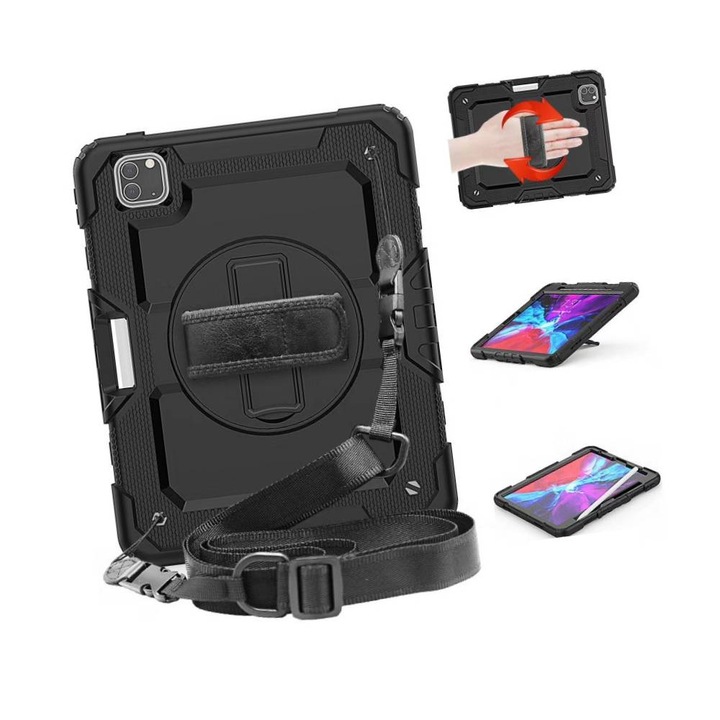 iPad Pro 11 hüvelykes 2024 M4 5. generációs tok, beépített képernyővédő, 360°-ban forgatható állvány, állítható vállpánt, fekete, szilikon, ütésálló, kopásálló