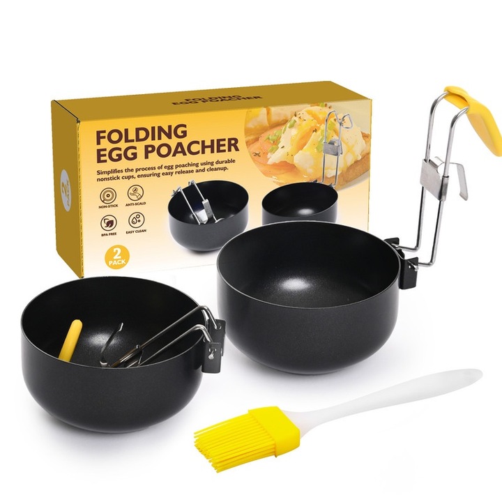 Set 2PCS Poacher oua, Ustensile de bucatarie, Design pliabil, Non-stick, 304 otel inoxidabil