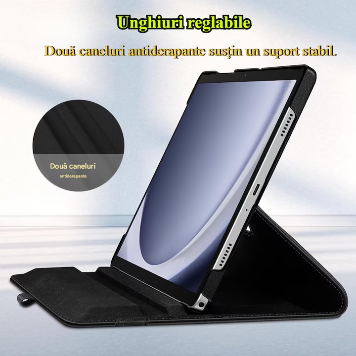Husa telefon tip carte, Piele ecologica, pentru Honor Pad 8, Negru, Suport, disipare a caldurii, anti picatura, anti amprenta, rotativ