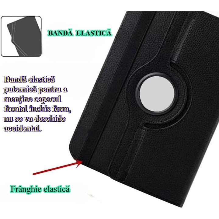 Husa telefon tip carte, Piele ecologica, pentru Honor Pad 8, Negru, Suport, disipare a caldurii, anti picatura, anti amprenta, rotativ