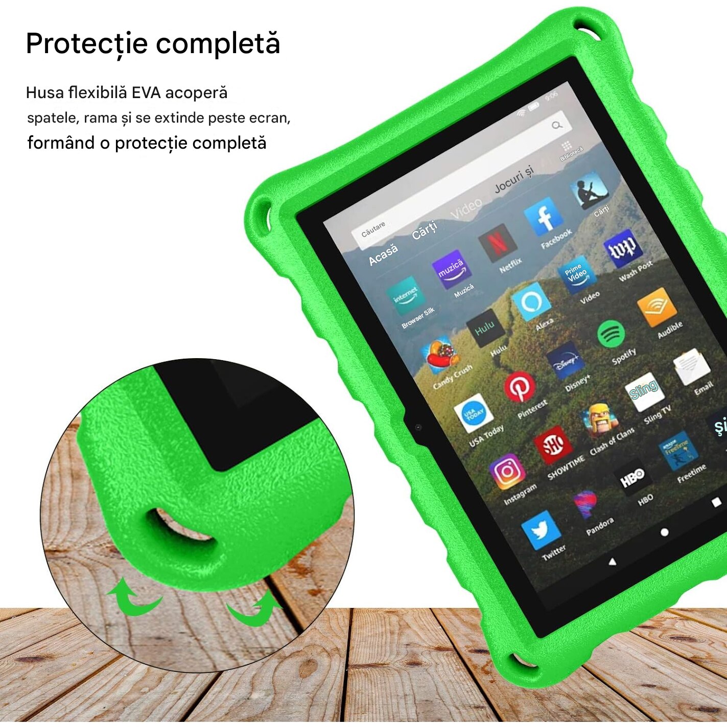 Husa protectie tableta, Compatibila cu Amazon Fire 7, Verde, rezistent la socuri, disipare a caldurii, anti-uzura, anti-picatura