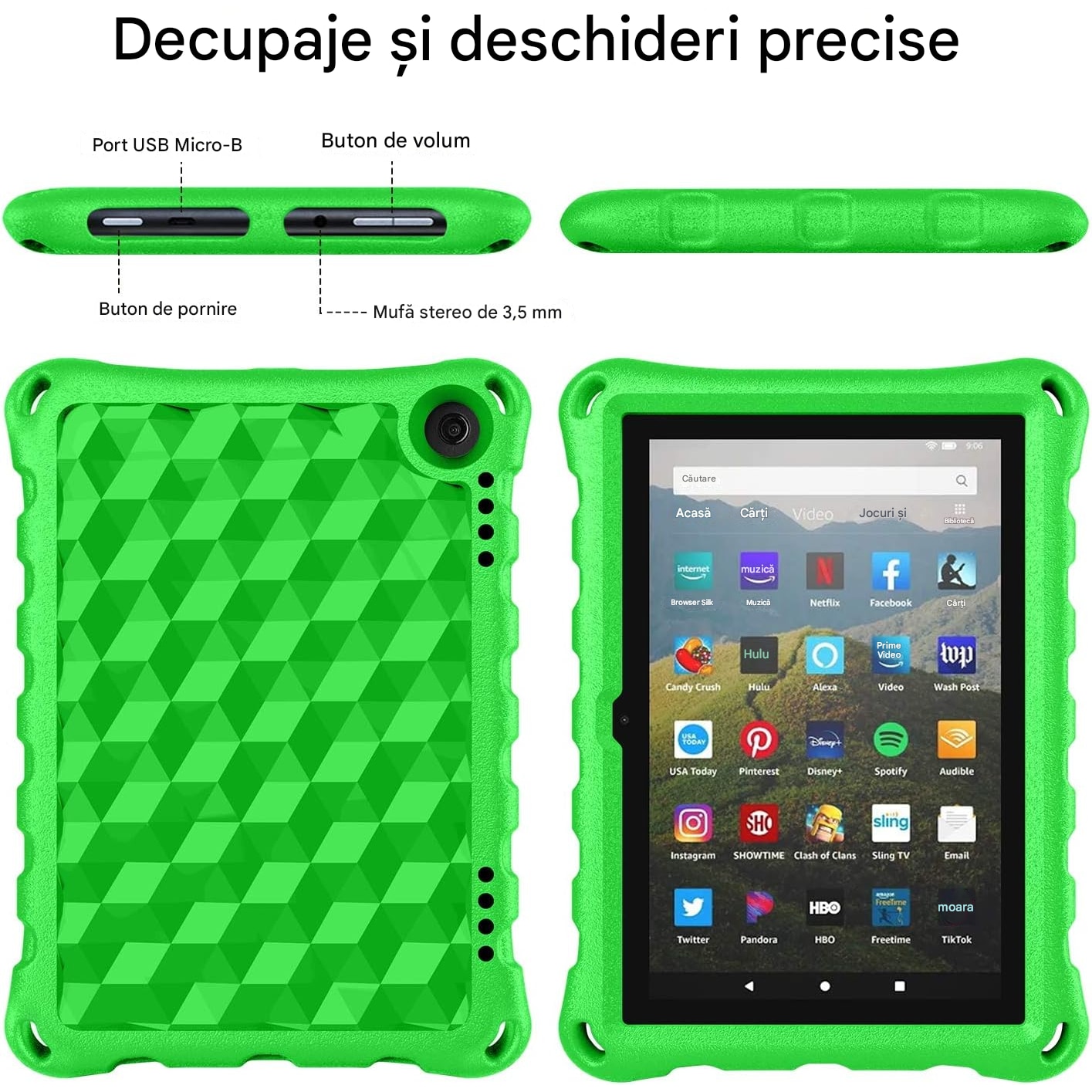 Husa protectie tableta, Compatibila cu Amazon Fire 7, Verde, rezistent la socuri, disipare a caldurii, anti-uzura, anti-picatura