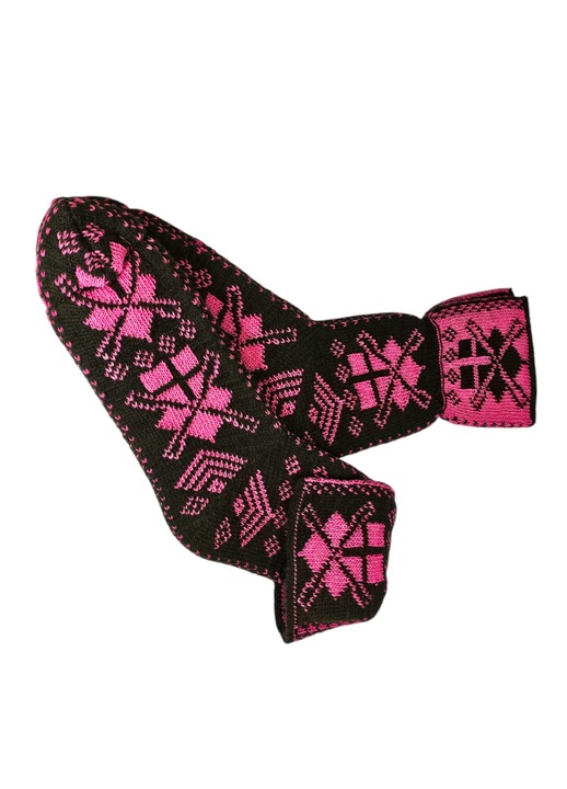 Sosete Tricotate Tip Ciupici Dama Lana Motive Etno, Kral Artisan, Kaki si Fucsia, Marime Universala