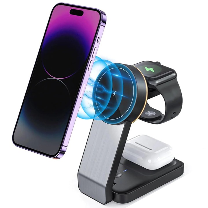 Incarcator Wireless 3 in 1 Magsafe Elindor®, 15W Qi Fast Charger, Statie de Incarcare, Stand Magnetic Pliabil de Birou, Charging Station pentru Apple Watch, AirPods, Telefon Compatibil iPhone, Incarcatoare Fara Fir, Portabil, Negru