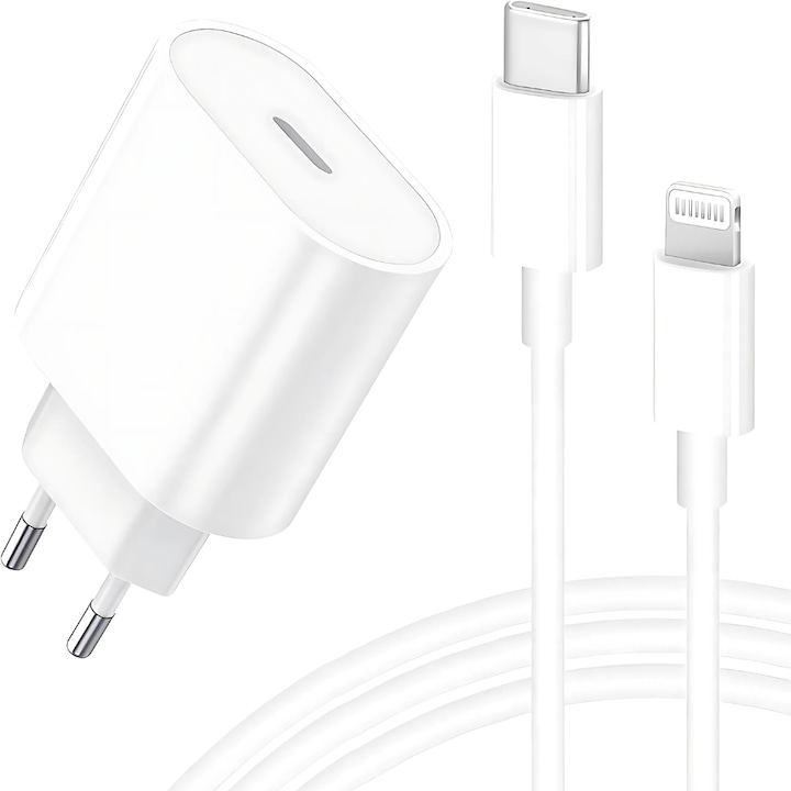 Bukino® Type-C Lightning зарядно и кабел, практичен, функционален дизайн, съвместим с iPhone 14/14 Plus/13/12/11/Pro/Promax/iPad/ AirPods, бързо зареждане, 20W, бял