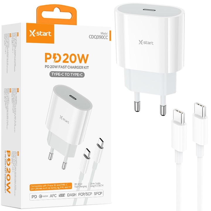 Комплект адаптери X-Start CDQ090CC и кабел Type-C, за iPhone 15/16 и Android, бързо зареждане 20W, бял