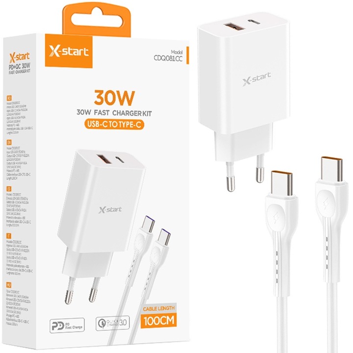 Set Adaptor X-Start CDQ081CC si Cablu Type-C, pentru iPhone 15/16 si Android, Incarcare rapida 30W, Alb