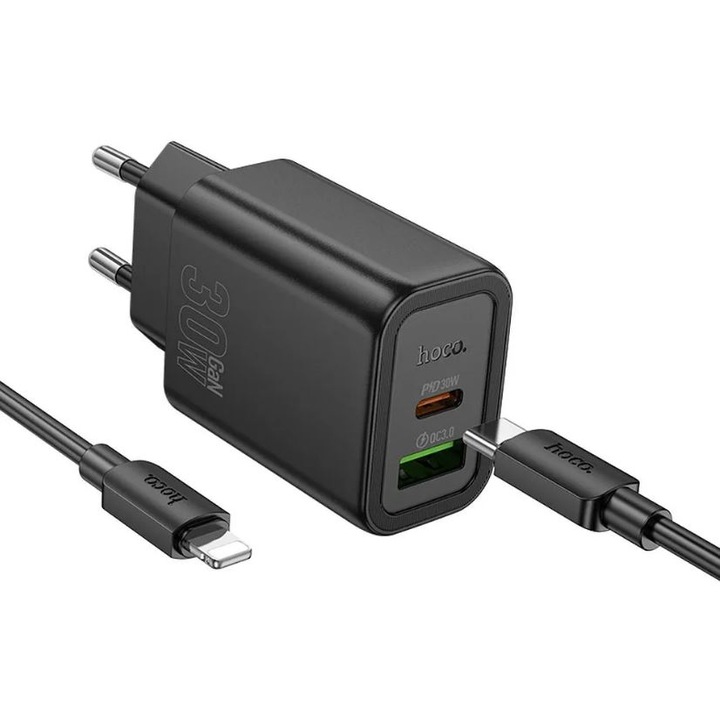 HOCO N63 adapter és villámkábel készlet, iPhone-kompatibilis, 30 W-os gyorstöltés, GaN technológia, fekete