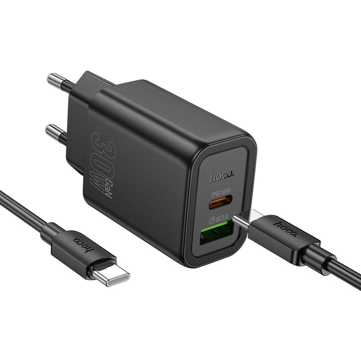 Set Adaptor HOCO N63 si Cablu Type-C, Compatibil iPhone 15/16 si Android, Incarcare rapida 30W, Tehnologie GaN, Negru