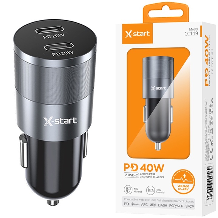 X-Start CC119 autós töltő, kettős Type-C port, PD40W gyorstöltés, szürke