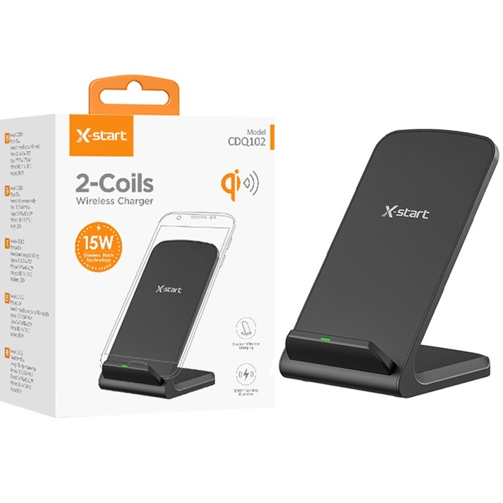 Incarcator Wireless 15W, X-Start CDQ102, Suport Birou, Cablu Type-C 1M, Negru