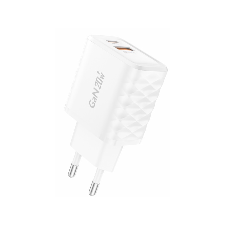 Foneng EU56 GaN gyorstöltő, 20 W, PD + QC 3.0, USB + USB-C port, fehér