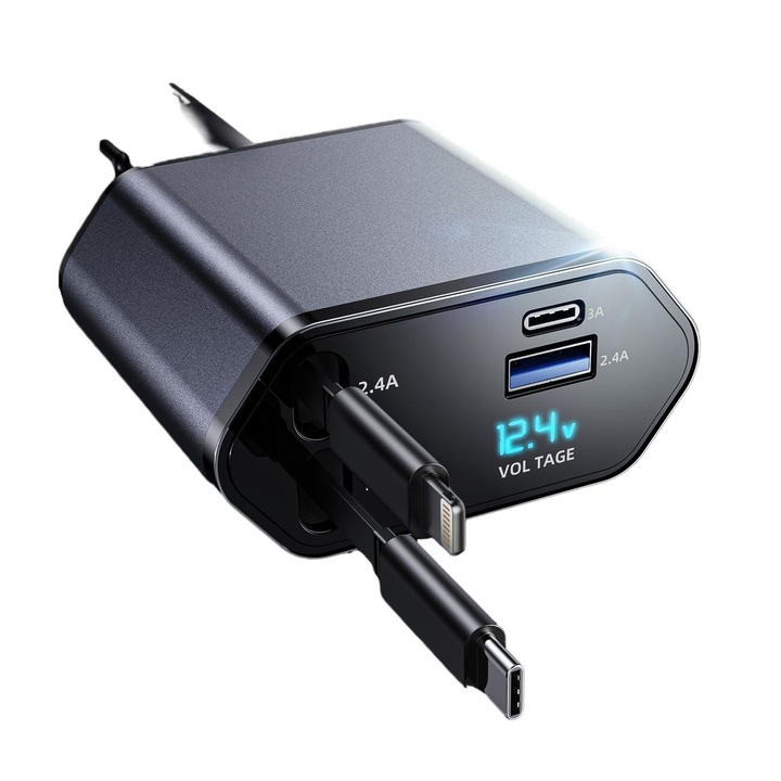 KOOPAO 4 az 1-ben autós töltő, visszahúzható kábelekkel, 63W, 2 USB porttal, kompatibilis iPhone 15/14/13/12/11 Pro Max, Galaxy és Google Pixel készülékekkel