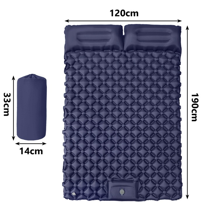 Надуваем дюшек за къмпинг или плаж, Axroad Mall, Самонадуваем, Вградена помпа, Надуваем, Водоустойчив, За туризъм, 190 x 120 x 5 см, Найлон/TPU, Тъмносин