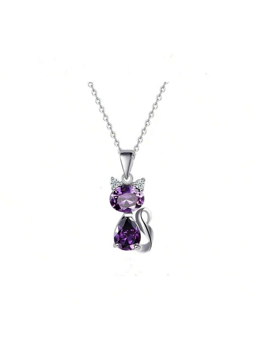 Colier Dama, cu Pandantiv Cristal Pisica, Dimensiune 1.2x2.5cm, Lantisor 45-50cm, Mov