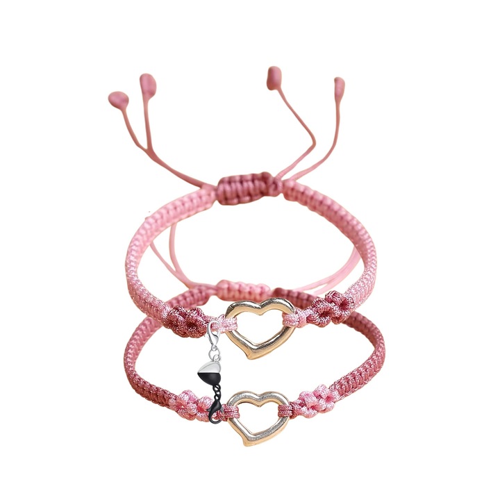 Set 2 Bratari, pentru Fete cu Pandativ Inima, Reglabile, Culoarea Roz