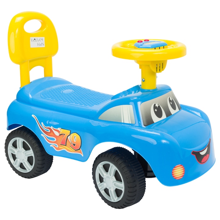 Masinuta ride-on, cu spatar si functii interactive pentru copiii intre 12 – 36 luni, culoare Albastru, VelvetKidS