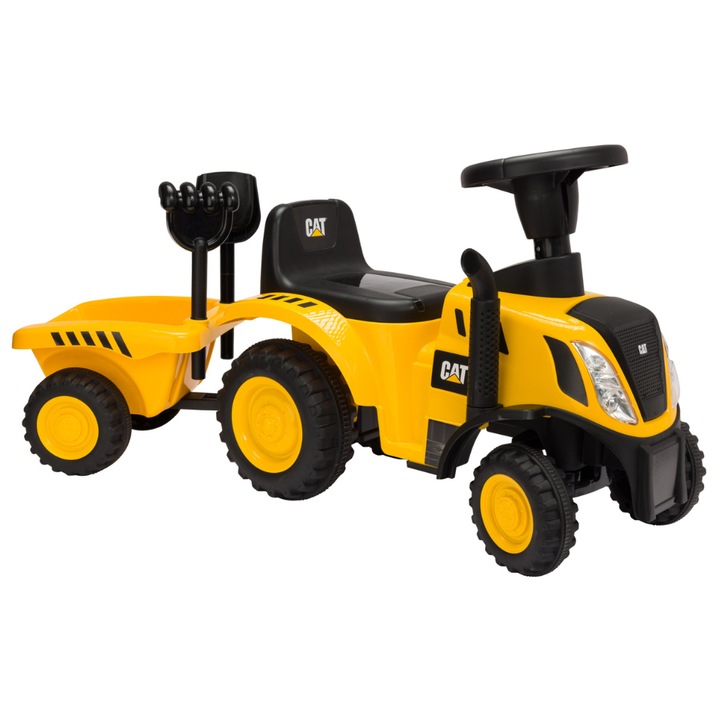 Masinuta Tractor cu Remorca pentru Copii 12–36 luni, licenta oficiala CAT, Faruri Luminoase, Volan Interactiv cu Functii Muzicale si Luminoase, Roti Rezistente, Ideal Interior & Exterior, VelvetKidS
