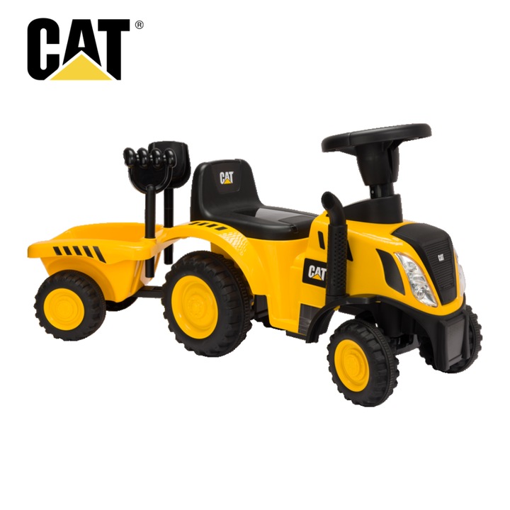 Masinuta Tractor cu Remorca pentru Copii 12–36 luni, licenta oficiala CAT, Faruri Luminoase, Volan Interactiv cu Functii Muzicale si Luminoase, Roti Rezistente, Ideal Interior & Exterior, VelvetKidS
