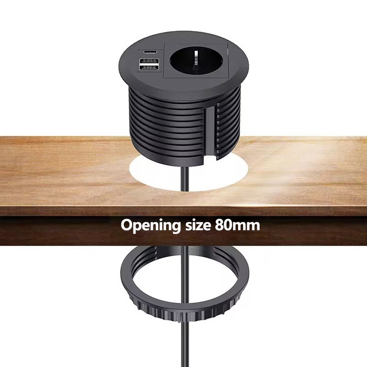 Priza Incorporabila In Blat, USB-A/C, 1.7m, pentru Gauri de 80 mm, Incarcare Rapida16A, Negru