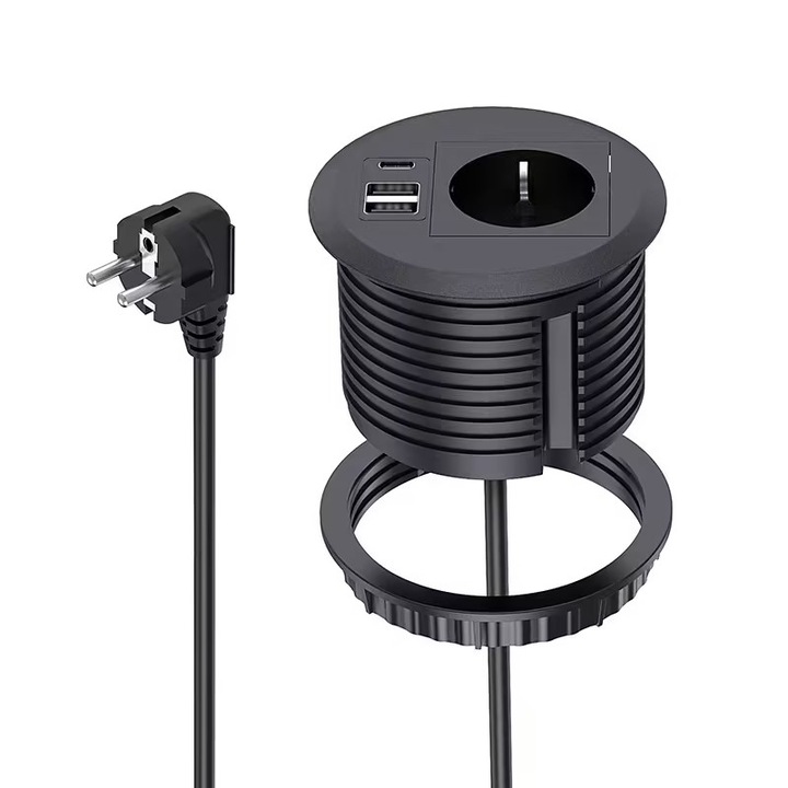 Priza Incorporabila In Blat, USB-A/C, 1.7m, pentru Gauri de 80 mm, Incarcare Rapida16A, Negru