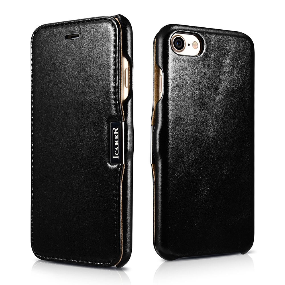 Husa iPhone SE 2 (2020), iPhone 8, iPhone 7, iCARER Vintage Series Side Open, din piele, tip carte, culoare Neagra