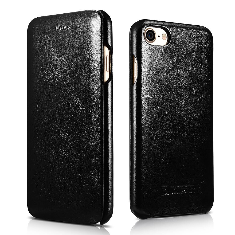 Husa iPhone SE 2 (2020), iPhone 8, iPhone 7, iCarer Vintage Curved Series, din piele, tip carte, culoare Neagra