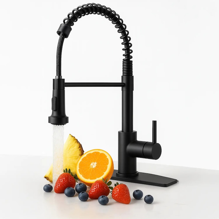 Кухненски смесител Elindor®, професионален смесител с гъвкав чучур, душ с 2 функции, регулируема струя, лесен монтаж, устойчивост на корозия, неръждаема стомана, черен