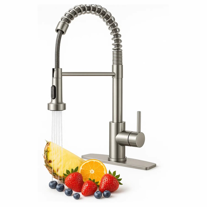 Baterie Chiuveta Bucatarie Argintie Elindor®, Robinet de Apa, Modern cu Pipa Flexibila, Cap Dus Extractabil cu Doua Functii, Jet Reglabil, Monocomanda, Rotativ 360°, pentru Bucatarie, Otel Inoxidabil, Finisaj Mat