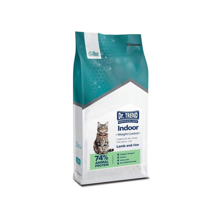 Hrana uscata completa Dr.Trend Indoor pentru pisici - Miel si orez, 7kg