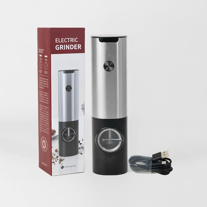 Електрическа мелница за сол или черен пипер - USB акумулаторна автоматична мелничка за сол и пипер с регулируема дебелина за кухня, трапезария, пикник и подарък 1 опаковка, VPUINEFE