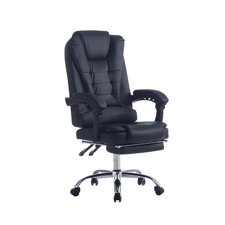 Scaun de birou directorial cu masaj, ergonomic, functie sezlong, cu spatar rabatabil si suport de picioare din piele ecologica, Negru