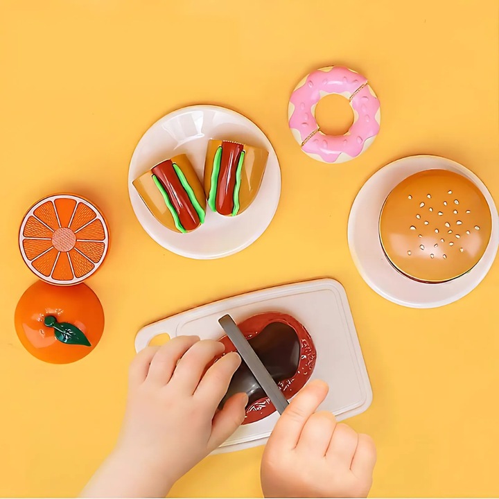 Set pentru bucatarie, jucarie interactiva, JOZY®, 26 accesorii, cos depozitare pliabil, prindere velcro pentru intregire piesa, materiale calitate superioara, rezistente, durabile, non toxice, fructe, legume, pizza, +3 ani, multicolor
