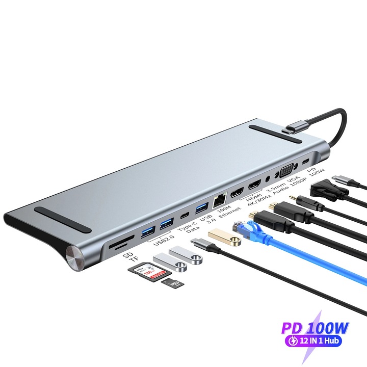 USB-C 3.1 Multiport Hub Adapter 12-in-1 2x HDMI 4K, VGA, LAN RJ45, USB 3.0, 2x USB 2.0, USB Type-C, Audio Jack, PD Port 100W, SD/TF Card Reader, Docking Station Staryon® Лаптоп Lenovo, Dell, HP, Asus, Acer, Apple MacBook Air/Pro, Chromebook