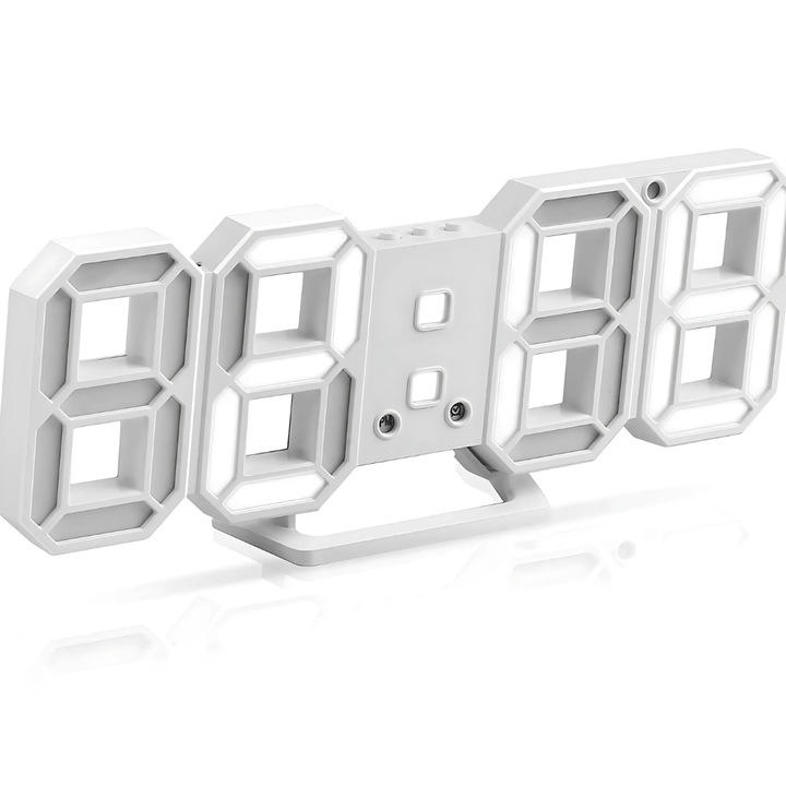 Минималистичен LED часовник Bukino®, офис дизайн, практичен, функционален, функции за отчитане на температурата и голям дисплей, висококачествен материал, стойка, 23 x 8 x 1,5 cm, бял