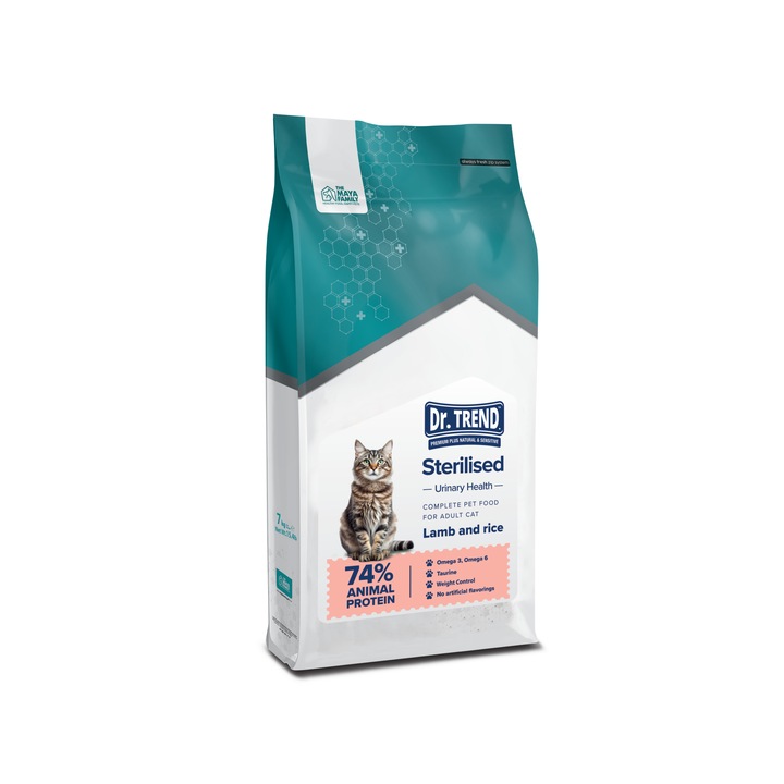 Hrana uscata completa Dr.Trend Sterilised pentru pisici sterilizate - Miel si orez, 7kg